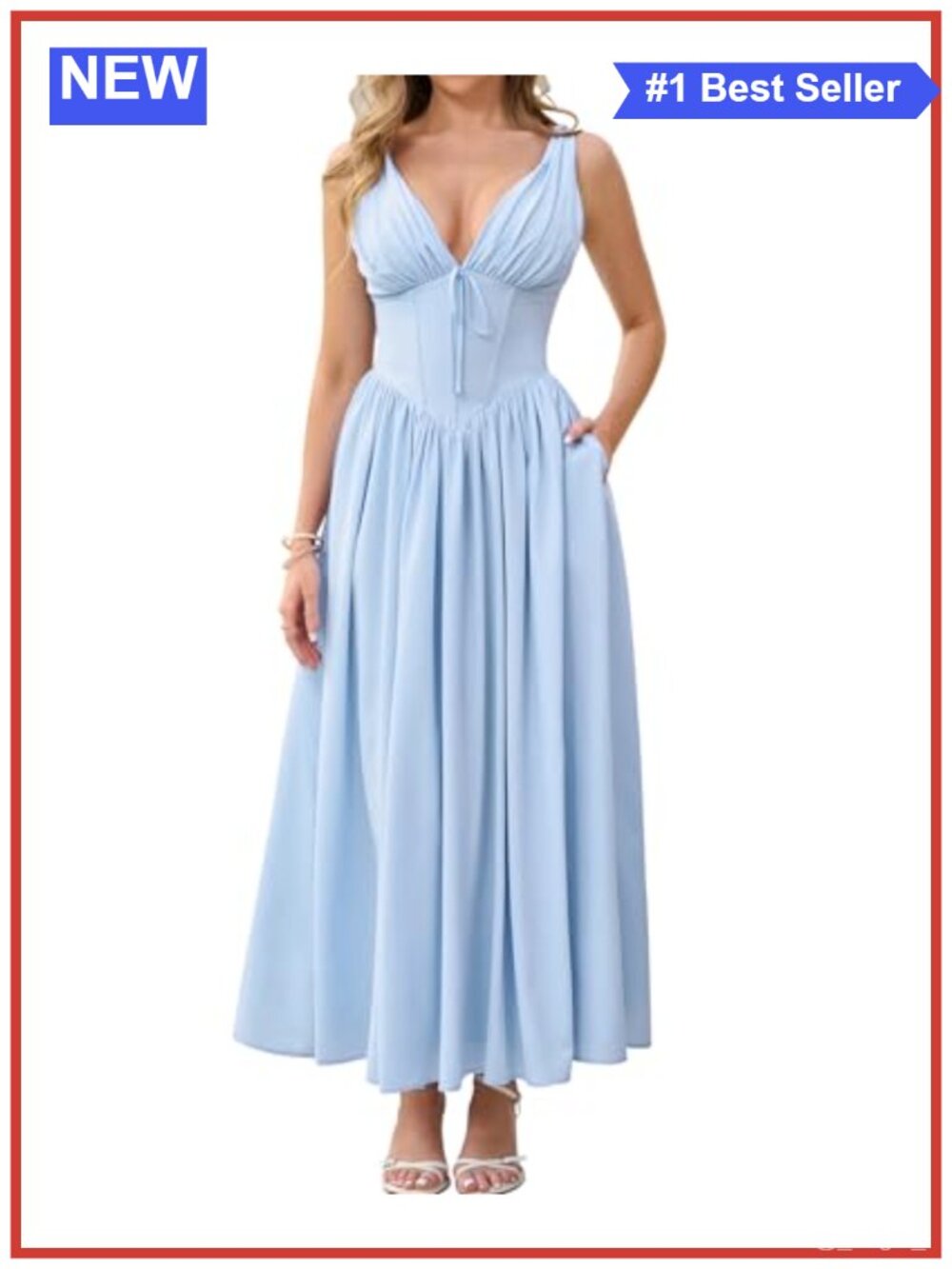 Sleeveless V-Neck A-Line Midi Dress with Pockets & Corset Bodice